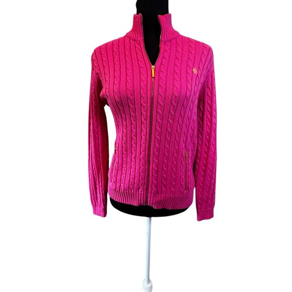Ralph Lauren Full Zip Sweater Cardigan Size Large Petite Cable Knit Pink Preppy - Picture 1 of 10